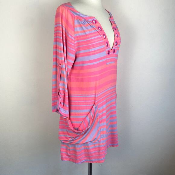 Nanette Lepore Swim Barbie Hot Pink Pastel Lilac Striped Tunic Dress Coverup Top - Picture 5 of 10